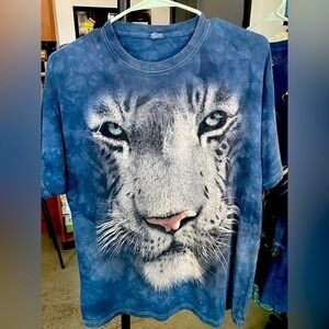 Vintage Mens blue tie dye t shirt white tiger face sz:L
